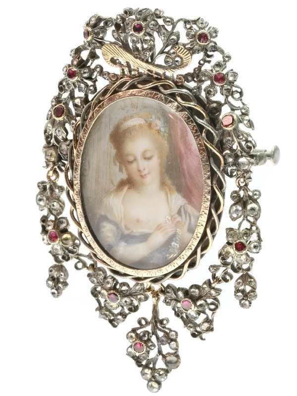 Romantic brooch pendant with painted miniature on ivory and paste stones (image 2 of 9)
